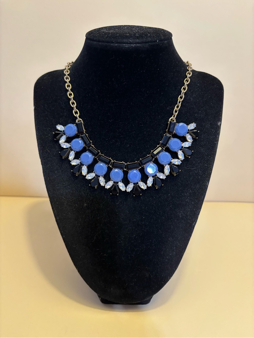 J.Crew Brass-Tone Black & Blue Statement Necklace 18”+3”